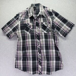 Zoo York Shirt Mens 2XL XXL Western Flap Pocket Button Black Plaid Short Sleeve